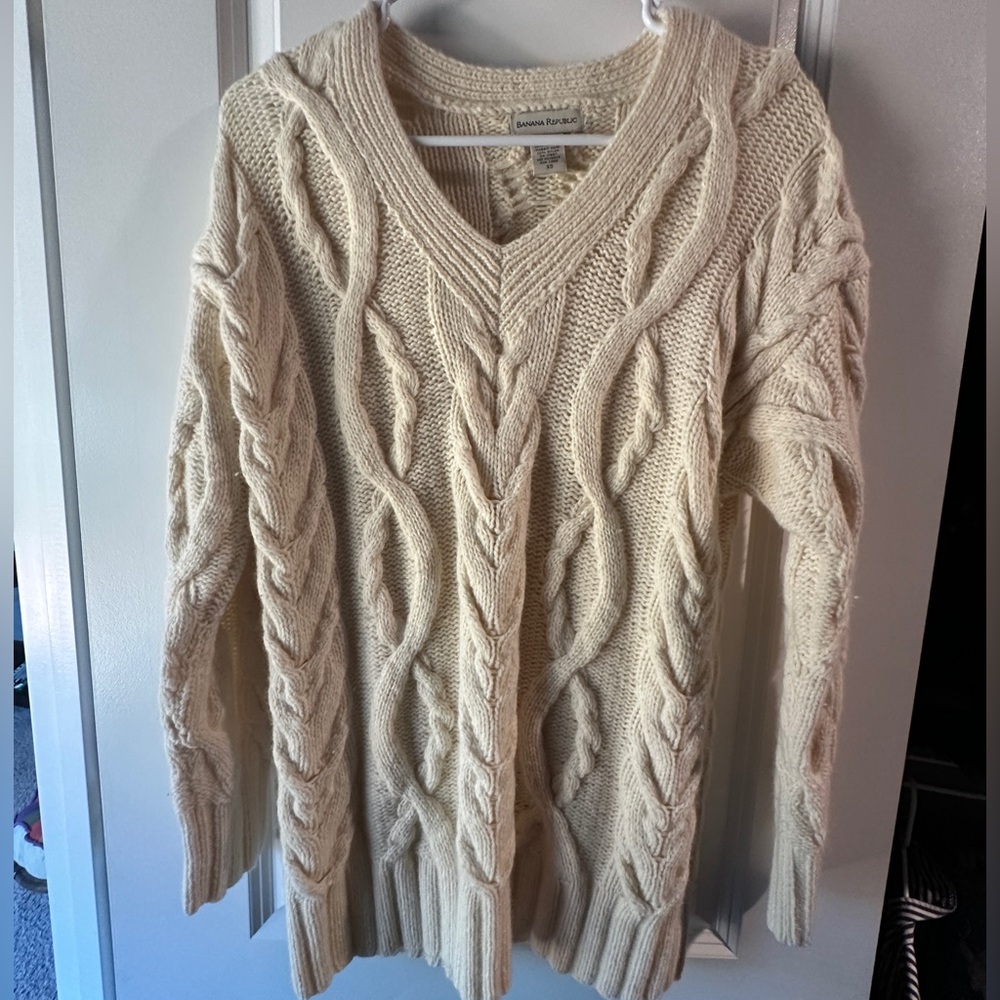 Banana Republic V-Neck Cable Knit Sweater - Cream, Wool/Angora